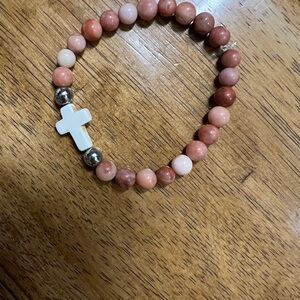 Pink Beaded Bracelet with White Cross